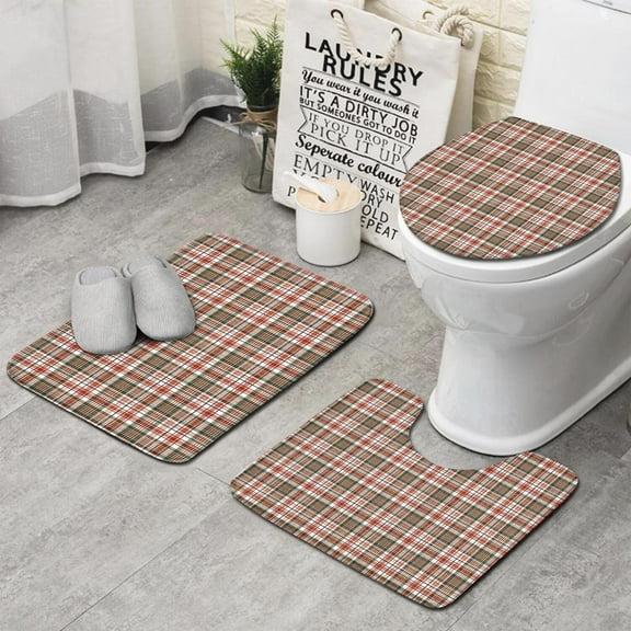 Red and Green Plaid Christmas Pattern Bathroom Rugs Sets 3 Piece,Toilet Cover Set,Absorbent Non Slip Bathroom Mats Sets with U-Shaped Contour Rug Toilet Rug Set