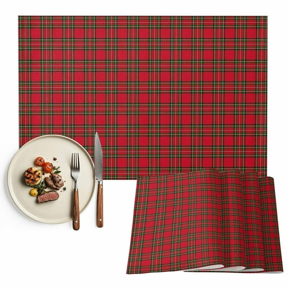 Red Green Plaid Christmas Placemats Set of 12, Vintage Rustic Checkered Table Mats Washable Heat-Insulation Non-Slip Place Mats for Kitchen Dinner Table Indoor Outdoor Decor,13x19 Inch
