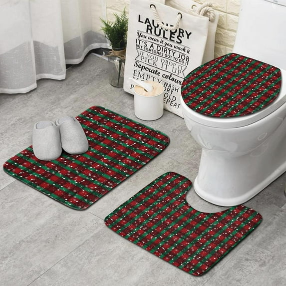 Red and Green Plaid Christmas Snow Pattern Bathroom Rugs Sets 3 Piece,Toilet Cover Set,Absorbent Non Slip Bathroom Mats Sets with U-Shaped Contour Rug Toilet Rug Set