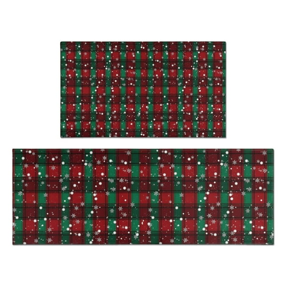 Red and Green Plaid Christmas Snow Pattern Kitchen Rugs Sets Of 2,Anti Fatigue Kitchen Mat Rugs Non Slip Washable,Decorative Kitchen Floor Mats for Kitchen,Sink,Laundry,17"x30"+17"x47"