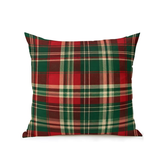 Red Green Plaid Outdoor Throw Pillow with Insert, 16"x16" Winter Christmas Beige Stripes Red Blocks Farmhouse Waterproof Decorative Square Patio Pillows for Outside Furniture, Sofa, Porch, Garden