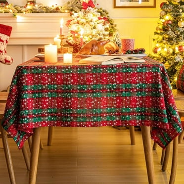 Red Green Plaid Snowflake Christmas Tablecloth 60x120, Tartan Table Cloth Decorations, Winter Holiday Tablecloths for Rectangle Tables Parties Dining Farmhouse Kitchen Decor