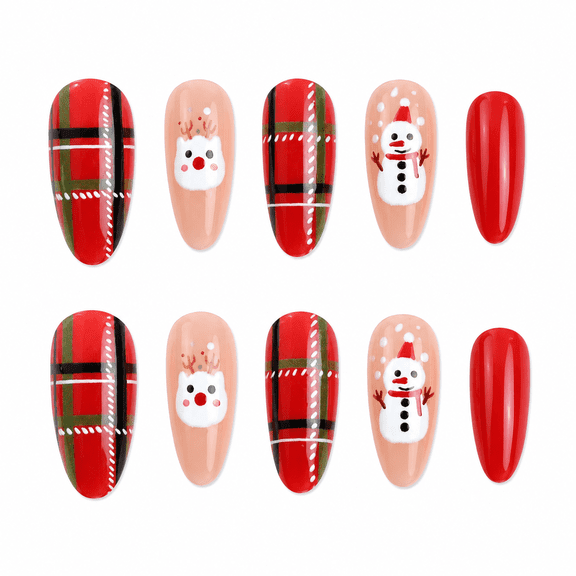 Red Green Plaid Snowman Press on Nails, Medium Almond Cat Eye Glossy False Nails, 24 Count
