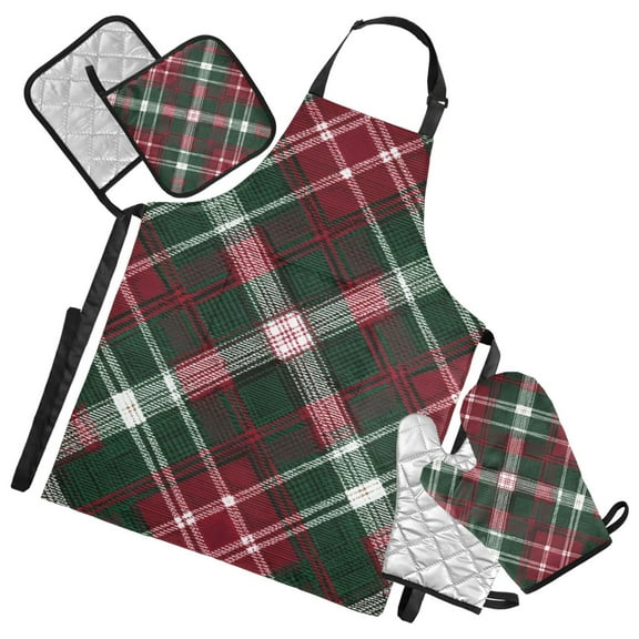 Red Green Plaids Mixture Christmas Apron Set with Oven Mitts Pot Holders Set of 5 Kitchen Stuff Accessories