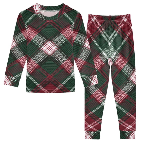 Red Green Plaids Mixture Christmas Cotton Pajama Set Long Sleeve Top and Pants Sleepwear Unisex 5Y
