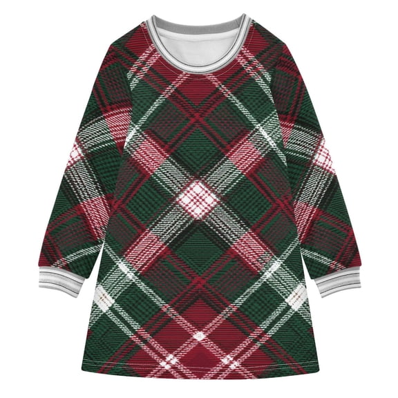Red Green Plaids Mixture Christmas Long-sleeved Dress A-line One-Piece Dress for 2-8 Years Casual Party 3T