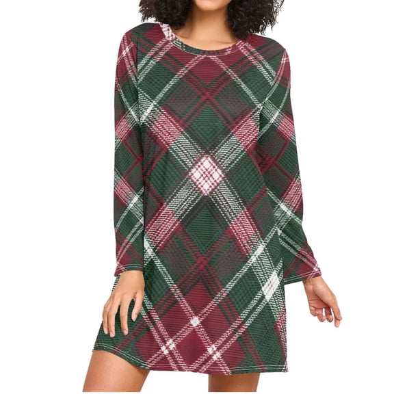 Red Green Plaids Mixture Christmas Women's Long Sleeves Nightgowns Sleepwear Soft Pajama A-line Sleep Dress L