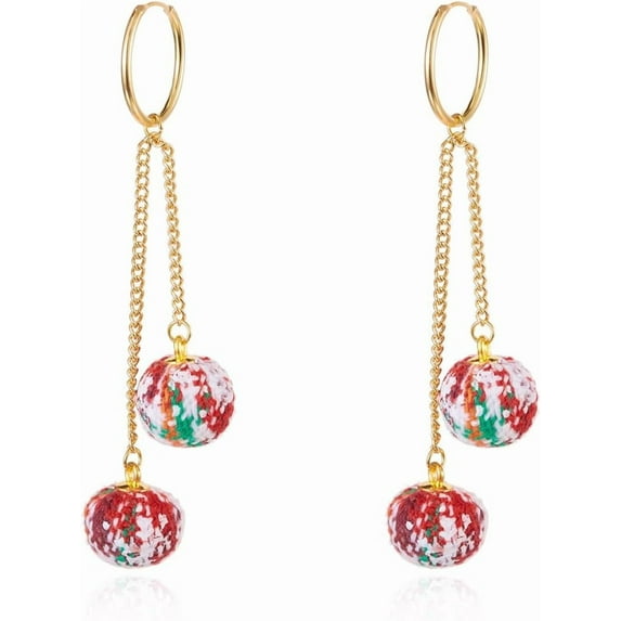 Red Green Pom Pom Ball Drop Dangle Earrings for Women Gold-Toned Christmas Double Round Statement Tassel Chain Dangling Hoop Earring Fashion Lightweight Funny Xmas Festival Huggie Hoops Jewelry
