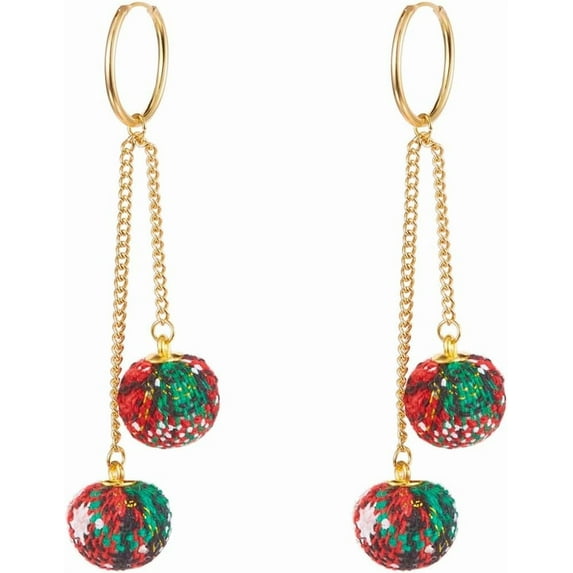 Red Green Pom Pom Ball Drop Dangle Earrings for Women Gold-Toned Christmas Double Round Statement Tassel Chain Dangling Hoop Earring Fashion Lightweight Funny Xmas Festival Huggie Hoops Jewelry