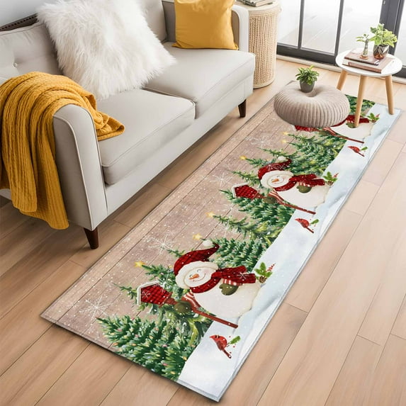 Red Green Snowman Christmas Kitchen Runner Rug 2x6 Washable Runners for Hallway Non Slip Xmas Tree Snowflake Winter Wooden Large Area Rug Indoor Floor Carpet for Bathroom Laundry Entryway Bedroom