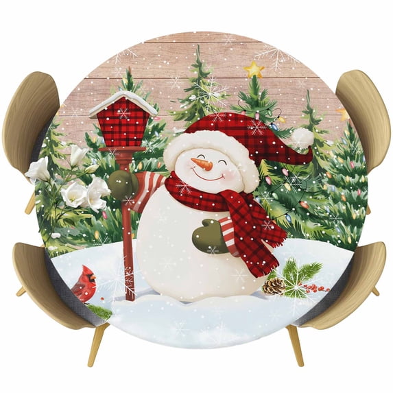 Red Green Snowman Christmas Round Tablecloth, Fitted Table Cover with Elastic for 55"-60" Round Tables, Xmas Tree Snowflake Winter Wooden Table Cloth Outdoor Dinning Party Waterproof Tablecloths