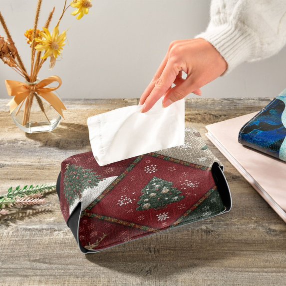 Red Green Square Christmas Trees Snowman Reindeer Leather Tissue Box Cover Rectangle Tissue Holder Foldable