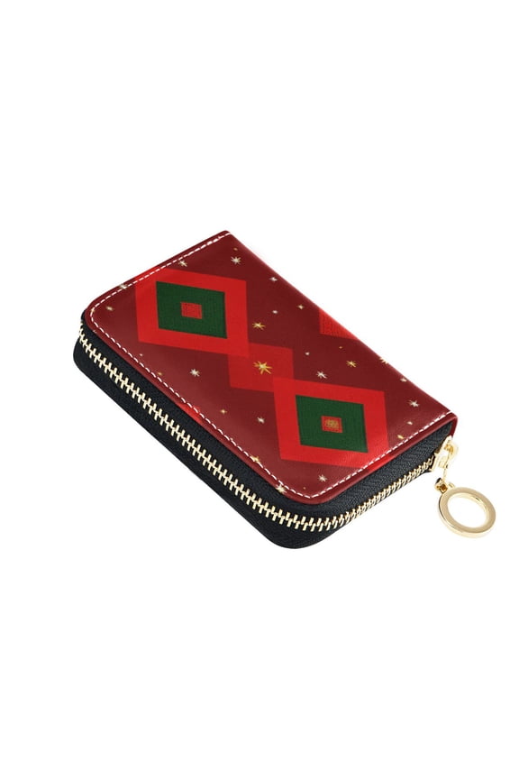 Red Green Square Pattern Christmas Women's Credit Card Holder PU Leather Zipper Wallet RFID Blocking