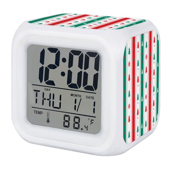 Red Green Striped Christmas Digital Alarm Clock for Bedrooms, Smart LED Alarm Clock with 7 Color Changing Night Light, Xmas Tree Snowflake Silent Wake Up Clocks for Sleep Study Cooking 3.2"x3.2"