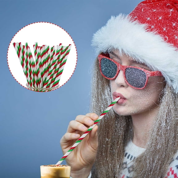 Red Green Striped Paper Straws, Disposable, 100-Pack, Thick, Sturdy, Unflavored