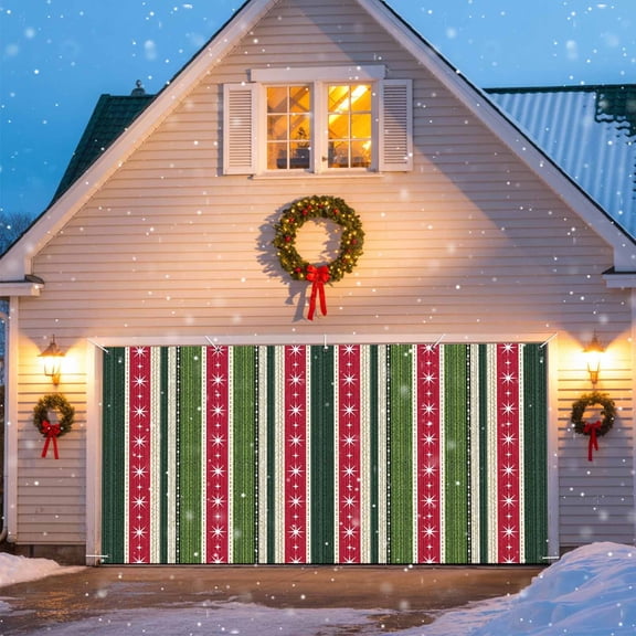 Red Green Stripes Garage Door Banner Covers, Stars Winter Christmas Large Hanging Indoor/Outdoor Backdrop Background for Christmas Winter Party Decor, 6x13 FT