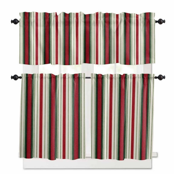 Red Green Stripes Kitchen Curtains and Valances Set, Winter Christmas Abstract Rod Pocket Window Valance 18 Inch Window Curtain Panels for Living Room Bedroom Laundry, 27.5x24in, 3 Pieces