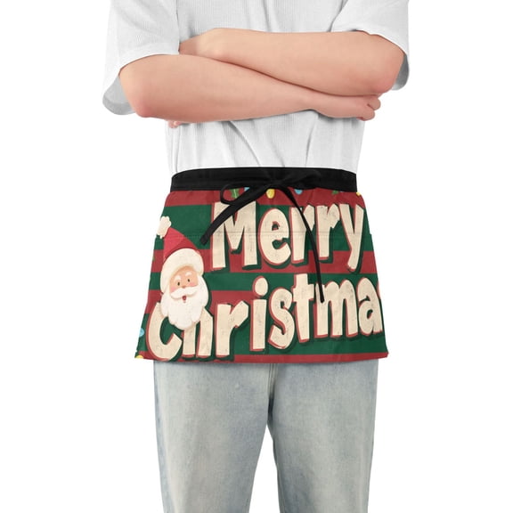 Red Green Stripes Merry Christmas Greeting Short Server Apron with 3 Pockets for Unisex Chef Gardening