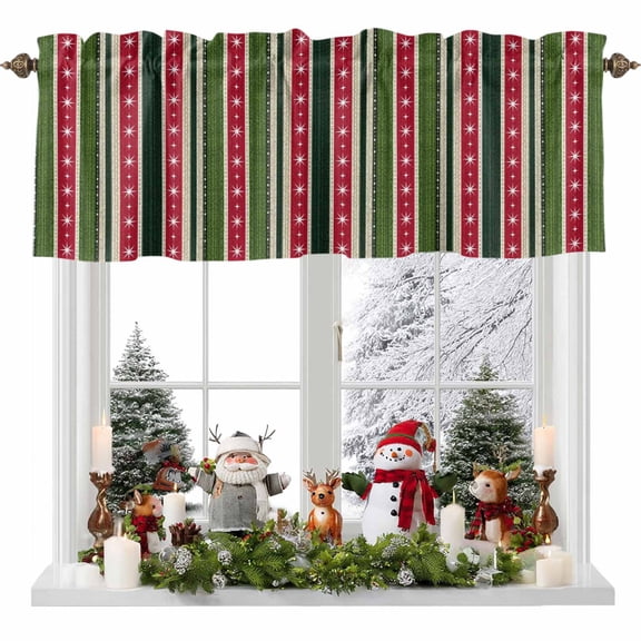 Red Green Stripes Valances for Windows, Stars Winter Christmas Rod Pocket Valance Short Window Treatments Curtains for Kitchen Bathroom Bedroom Decor, 54 x 18 In