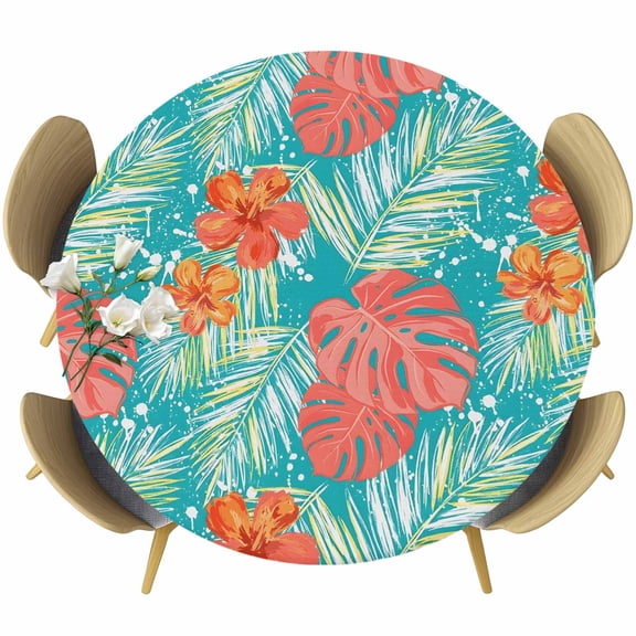 Red Green Summer Botanical Round Tablecloth 36-44 Inch Round Fitted Table Cloth with Elastic Edge, Monstera Deliciosa Palm Leaf Waterproof Table Cover Protector for Outdoor Picnic Party Dining