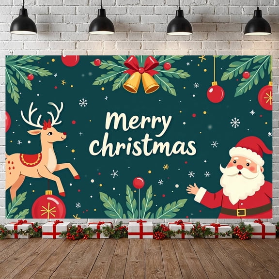 Red Green Theme Christmas Banner Santa Claus Design Xmas Backdrop Reindeer Pattern Jingle Bell Festive Backdrop for Christmas Party Holiday Decoration Indoor Celebration