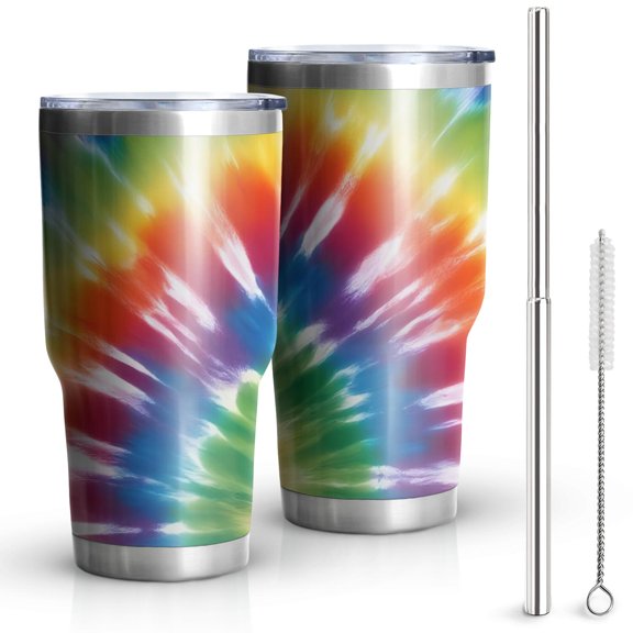Red and Green Tie Dye Pattern 30oz Insulated Stainless Steel Tumbler, Reusable Drinking Cup with Straw & Cleaning Brush, Heat Cold Retaining Gifts for Birthday Christmas Thanksgiving