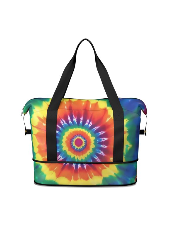 Red and Green Tie Dye Pattern Expandable Travel Tote Bag, Luggage Sleeve Travel Bag with Dry Wet Pockets, Tear Resistant Gift Ideas for Work Shopping Travel