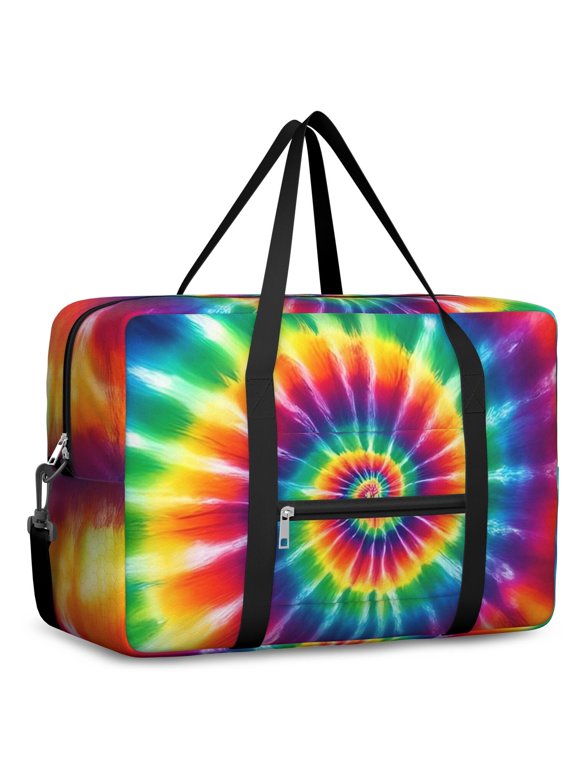 Red and Green Tie Dye Pattern Foldable Travel Duffel Bag, Foldable Gym Bag with Front Pocket & Trolley Strap, Foldable Design Gifts for Air Travel Weekend Gym