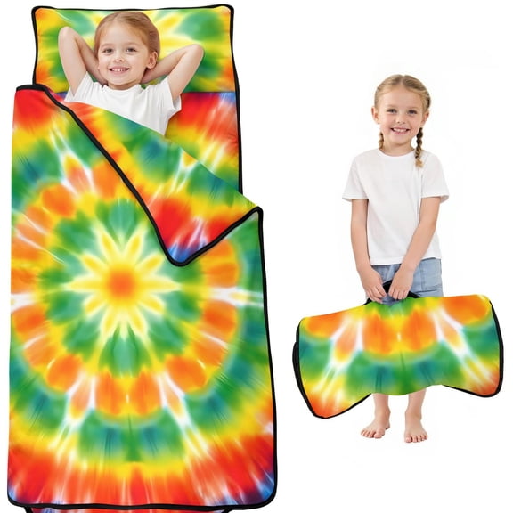 Red and Green Tie Dye Pattern Kids Nap Mat, Sleeping Mat with Removable Pillow with Handle & Fastening Straps, Portable with Handle Gifts for Toddlers Kids Boys Girls,50"x20"