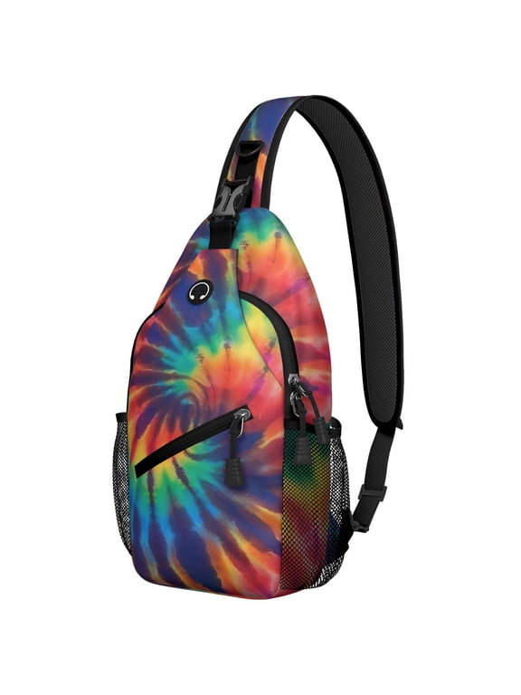 Red and Green Tie Dye Pattern Sling Backpack, Unisex Daily Travel Sling Pack with Side Mesh Pockets, Earphone Hole Port Gift Ideas for Hiking Cycling Walking