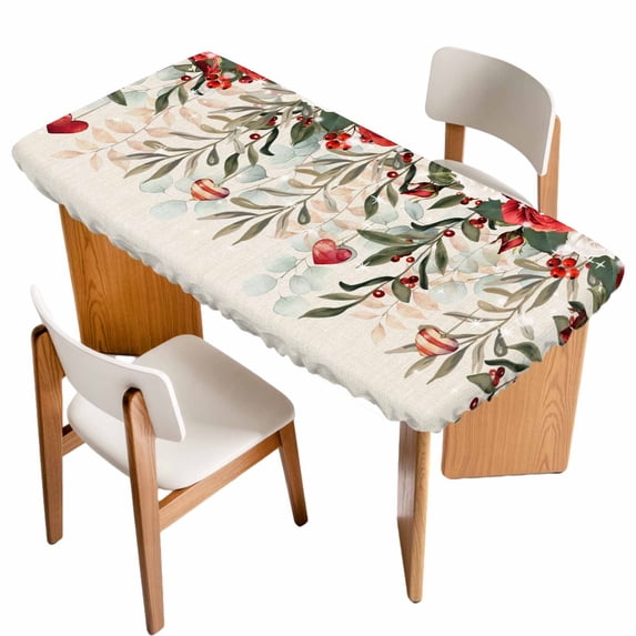 Red Green Valentine's Day Table Cloths for 5 Foot Rectangle Tables, Summer Botanical Floral Rustic Patio Waterproof Elastic Fitted Tablecloths, Washable Rectangular Table Cover for Camping