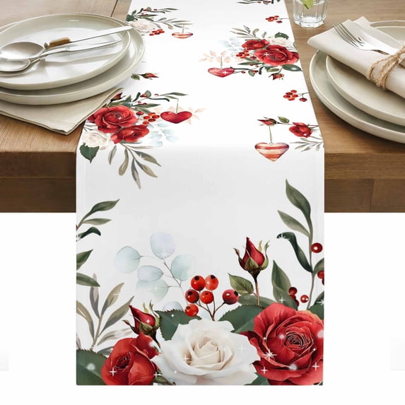 Red Green Valentine's Day Table Runner - 120 Inch Long, Kitchen Dining Table Runner Dresser Scarves, Summer Botanical Floral Farmhouse Farmhouse Decor for Coffee Tables Wedding Party Banquet