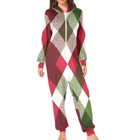 Red Green White Checkerboard Christmas Adult's Hoodie Onesie Jumpsuit One-Piece Pajamas with Zipper Unisex for Holiday L