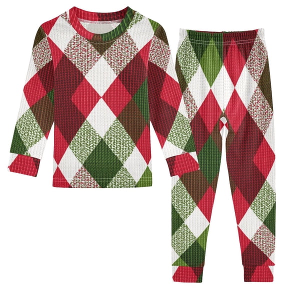 Red Green White Checkerboard Christmas Cotton Pajama Set Long Sleeve Top and Pants Sleepwear Unisex 18M