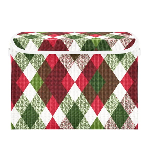Red Green White Checkerboard Christmas Foldable Storage Bins with Lids Handles Collapsible Storage Containers Tote Boxes 16.5 x 12.6 x 11.8 inches