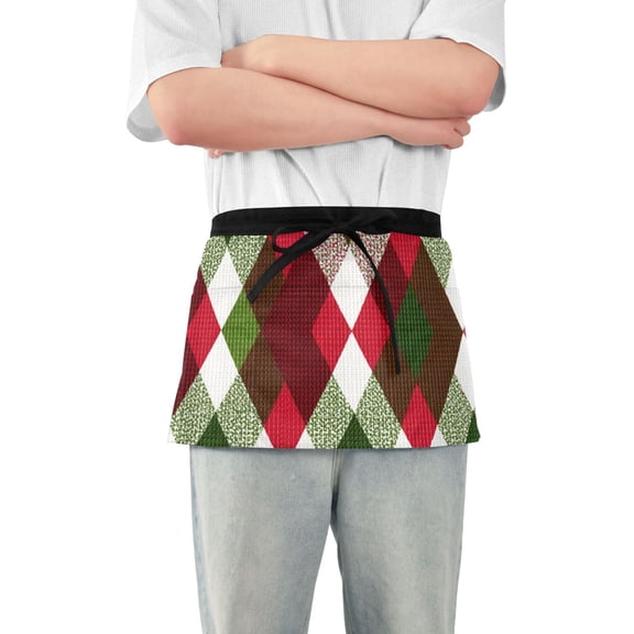 Red Green White Checkerboard Christmas Short Server Apron with 3 Pockets for Unisex Chef Gardening