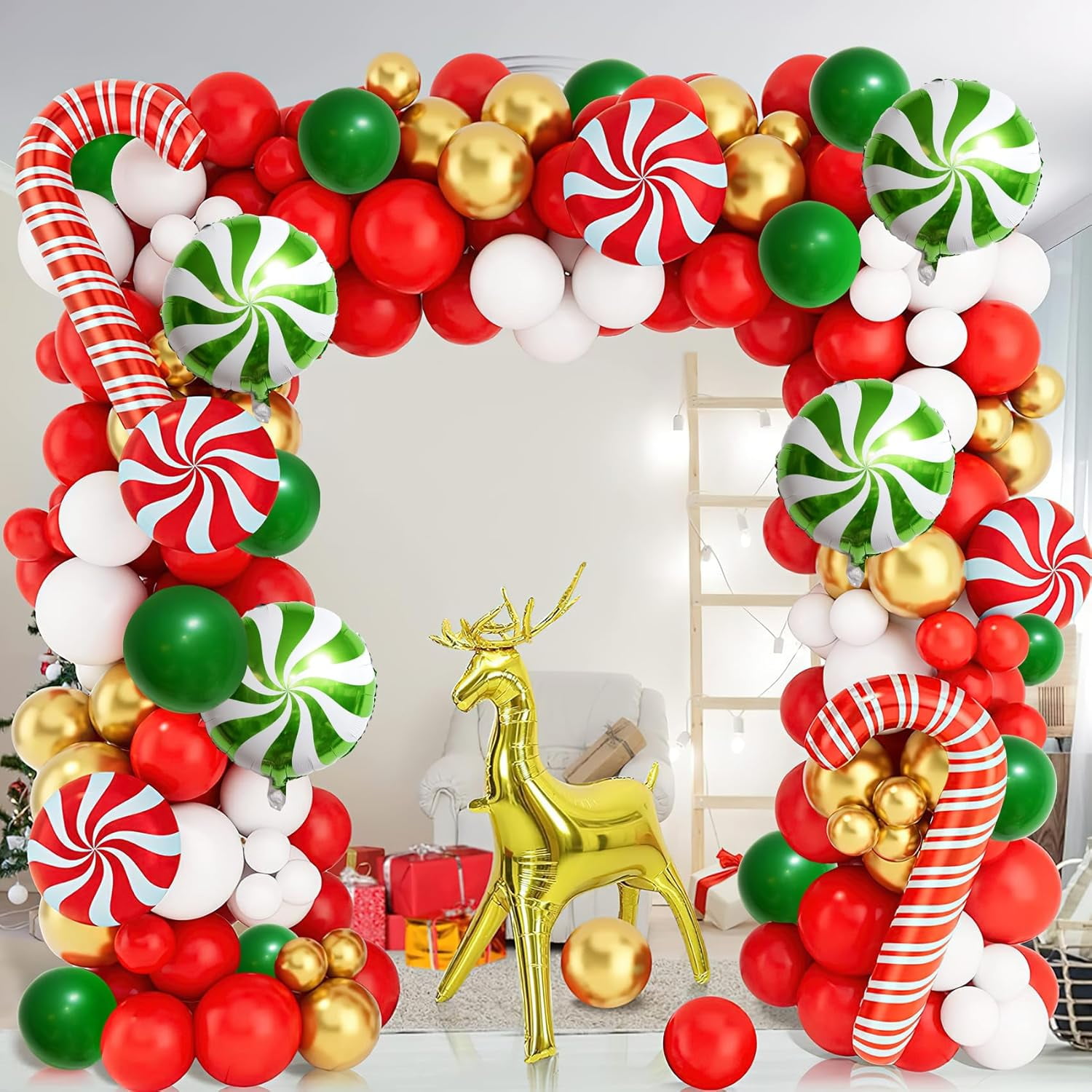 Red Green White Christmas Balloon Garland Arch Kit, Gingerbread Holiday Balloon Arch Kit Xmas Christmas Decorations Balloons Holiday Party Garland Balloons Background Candy Cane Balloon Arch Sets
