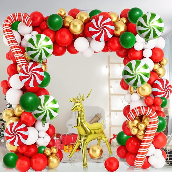 Red Green White Christmas Balloon Garland Arch Kit, Gingerbread Holiday Balloon Arch Kit Xmas Christmas Decorations Balloons Holiday Party Garland Balloons Background Candy Cane Balloon Arch Sets