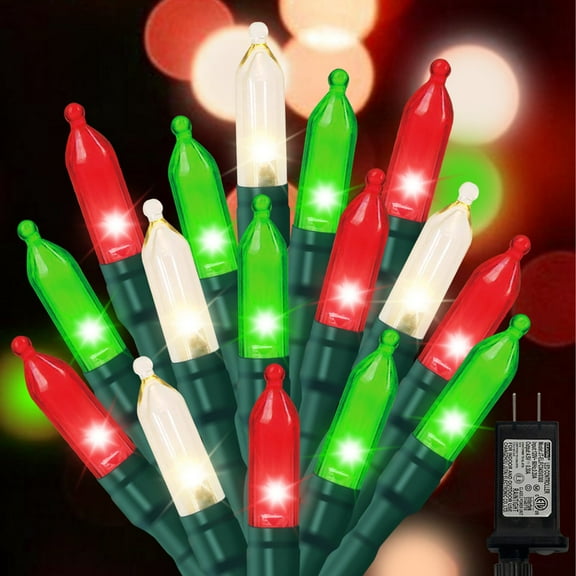 Red Green White Christmas Mini Lights, 32.5FT 100 LED Clear Bulbs String Lights with 16 Light Modes, Fairy Lights Plug in for Outdoor Xmas Trees Garland Wreath Holiday Decorations