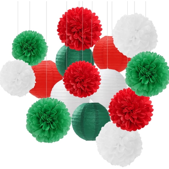 Red-Green White Party-Decorations Christmas Flowers Lanterns - 15PCS Italian Mexican Independence Day Paper Tissue Pom Poms Streamers,Mexico Italy Birthday Baby Shower Wedding Hanging Decor