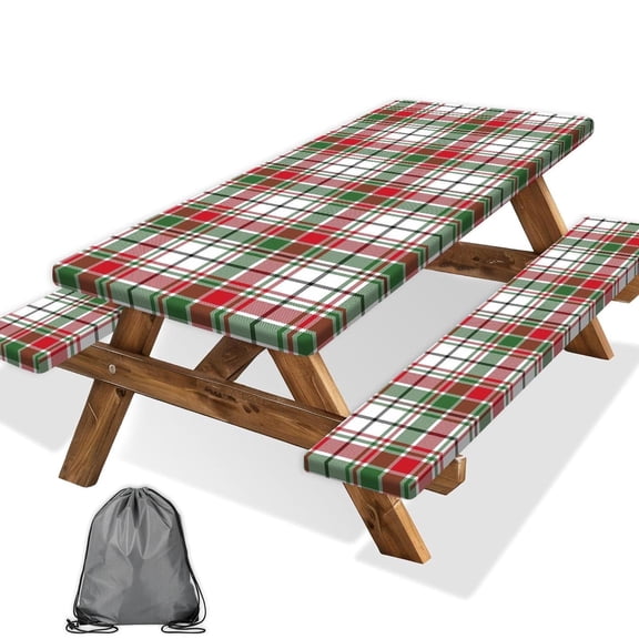 Red Green White Plaid Picnic Table Cover with Bench Covers and Bag, Camping Essentials,Elastic Fitted Tablecloths for 5 Ft Rectangle Tables and Seats,with Drawstring Bag(30x60 Inches)