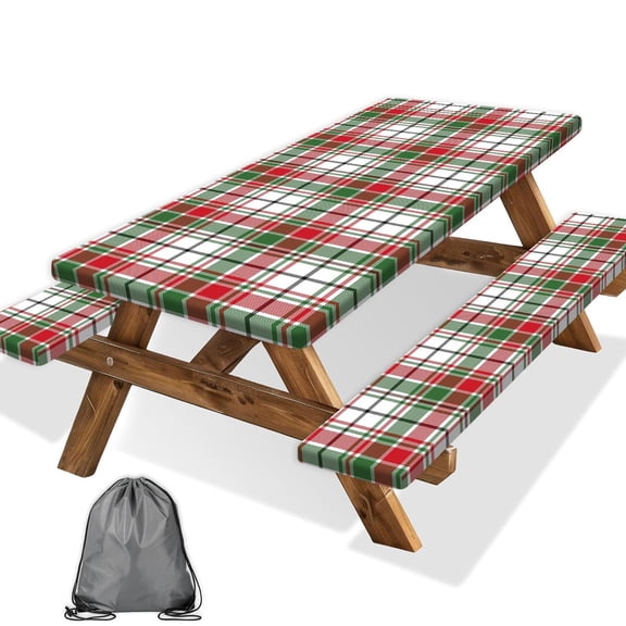 Red Green White Plaid Picnic Table Cover with Bench Covers and Bag, Camping Essentials, Water Resistant Windproof, Fitted Tablecloth Cover with Elastic Edge, for Indoor & Outdoor 3 PCS, 30x72 Inch
