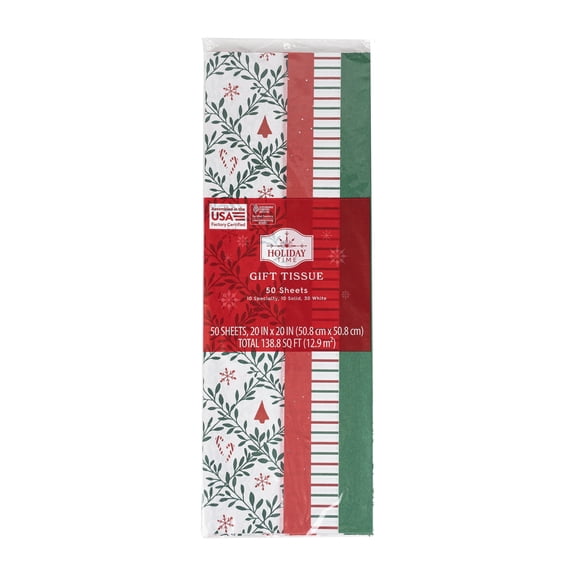 Red/Green/White Trellis and Solid Gift Tissue Paper, 20" x 20", 50 Sheets, by Holiday Time