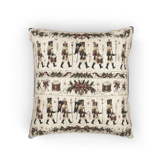Red, Green and Gold Nutcracker Soldiers with Garlands and Bows Decorative Woven Pillow, Cotton-Polyester Shell