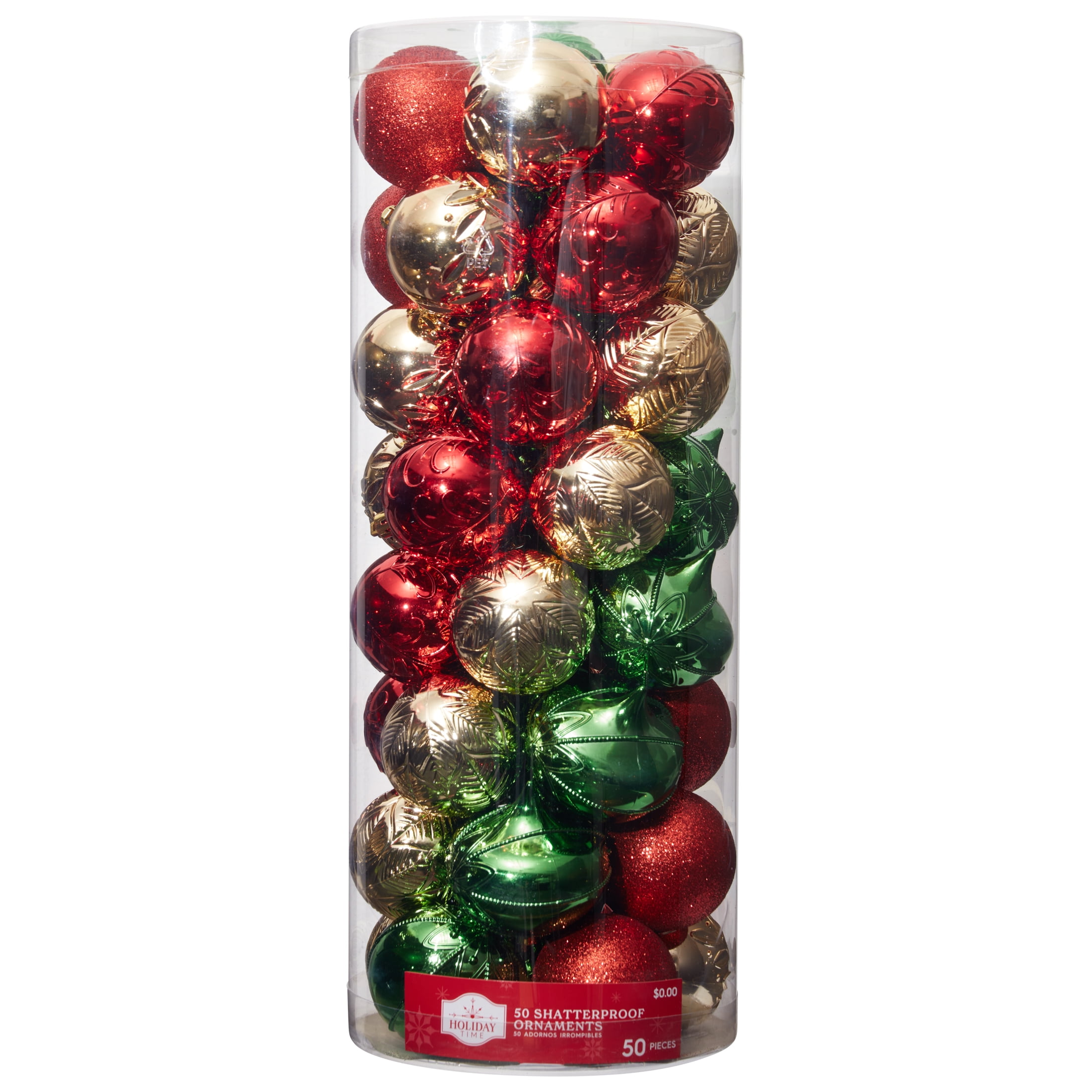 Red, Green and Gold Shatterproof Christmas Ball Ornaments, 50 Count, by Holiday Time