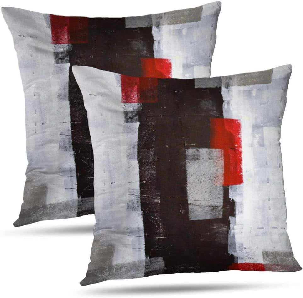 Red and Grey Abstract Art Modern Pillow Covers 18x18 Inch Set