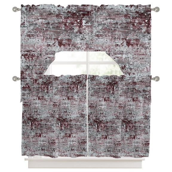 Red Grey Abstract Kitchen Curtains Swag Valance and Tier Curtains Set 24 Inch Length, Vintage Graffiti Distressed Mottled Art Rod Pocket Drape Panels Pair Swag Curtains for Bathroom/Cafe/Window