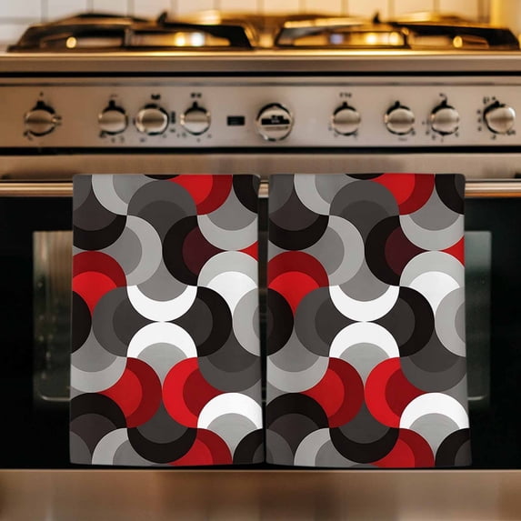 Red Grey Abstract Kitchen Towels Set of 4, Modern Geometric Ombre Artwork Absorbent Dish Towels for Kitchen, Microfiber Hand Towel, Quick Drying Tea Towel for Cleaning Decorative Dishcloths