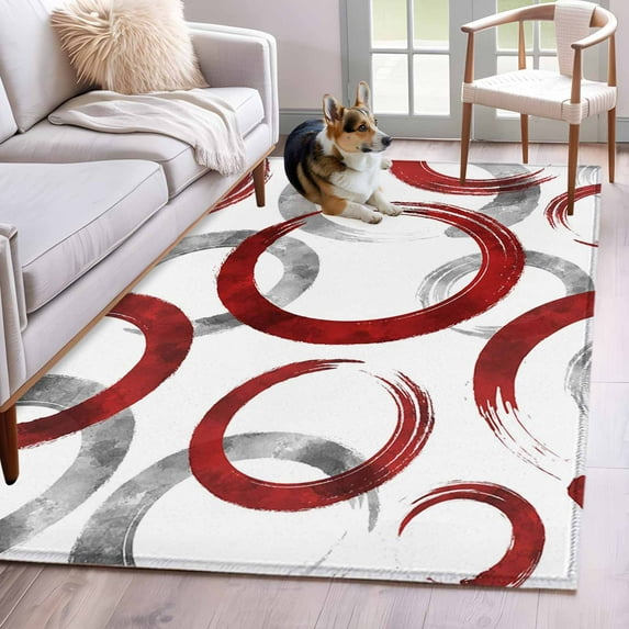 Red Grey Area Rug 3x5 Washable Rug Non Slip Geometric Circle Modern Abstract Simple Art Large Area Rug Indoor Floor Carpet for Entryway Bedroom Kitchen Living Room Home Office Dining Room Nursery