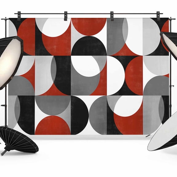 Red Grey Backdrop for Photography,Fabric Photo Background Backdrop,Abstract Retro Middle Century Geometric Art Photo Booth Background for Portrait Photoshoot Video Wedding Decoration Banner 7x5ft